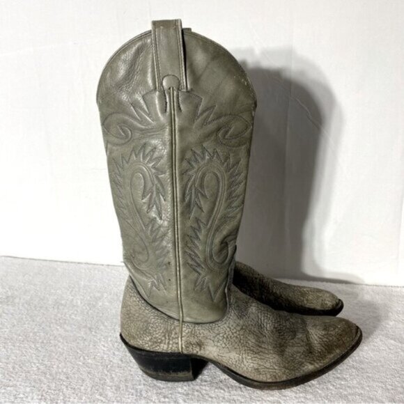 Vintage Grey Green Leather Pointed Toe Cowboy Boots 8.5 - Picture 1 of 16